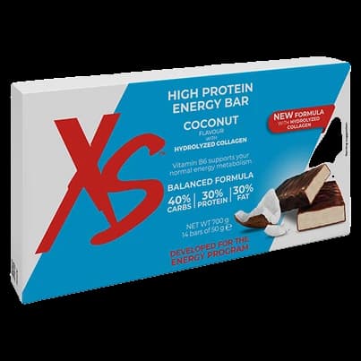 Barrita XS™ High Protein Energy Bar con sabor a coco y recubrimiento de chocolate